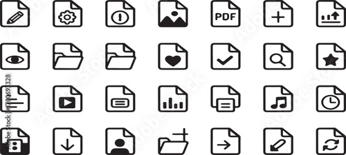 file icons, document icons, pdf file icon, image file icon, video file icon, music file icon, chart file icon, analytics file icon, download icon, upload icon, folder icon, vector illutration icon 