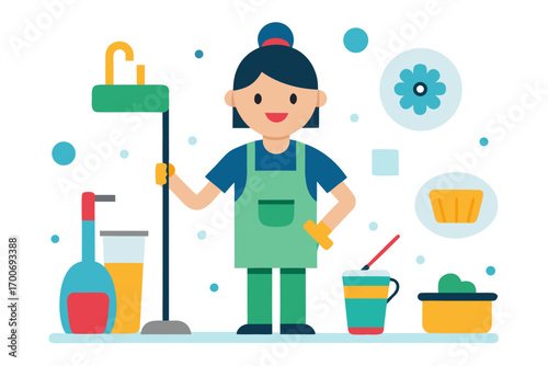 Cartoon Cleaning Lady with Cleaning Supplies on a White Background