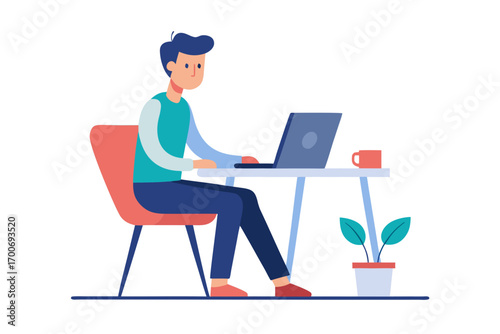 Man working on laptop at desk with coffee and plant illustration