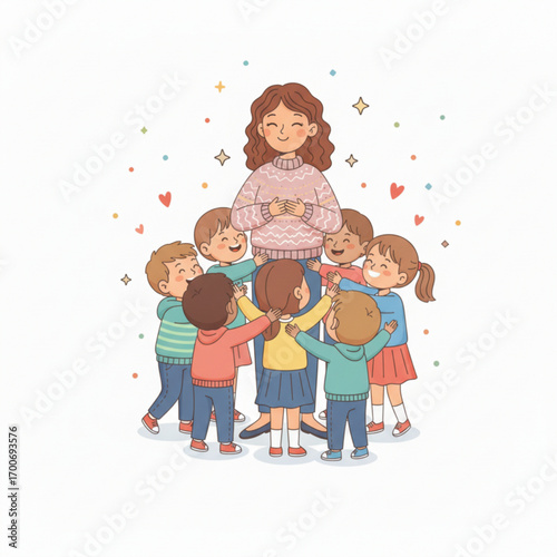 A group of happy children warmly hugging their smiling teacher, showing a strong bond of love and gratitude.