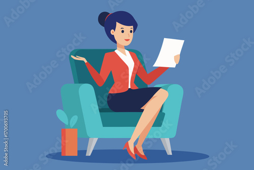 Businesswoman sitting in armchair reading document with relaxed posture and confident expression