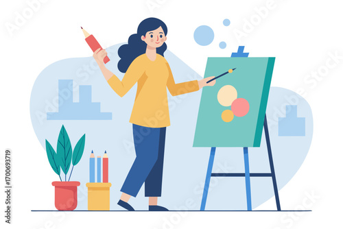 Female artist painting on canvas with easel in studio creative hobby
