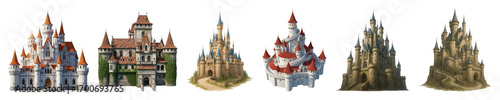 Fantasy castle set including various architectural styles, fairy tale, and gothic designs isolated. Digital design assets.