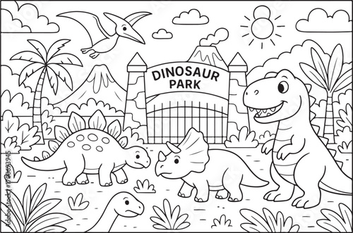 hand drawn vector doodle illustration of dinosaurs park coloring page for kids line art