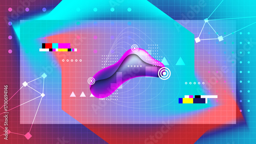 Abstract digital featuring a flowing organic shape. Vibrant background of gradients and a grid pattern. Geometric elements and glitch. Futuistic science technology analyse object