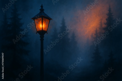 Mysterious antique street lamp glows with warm orange light in a dark foggy forest at night