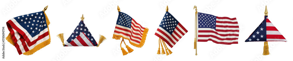 Obraz premium American flag set including various unfurled, folded, fringed, and tasseled displays on poles isolated. Patriotic national symbols.
