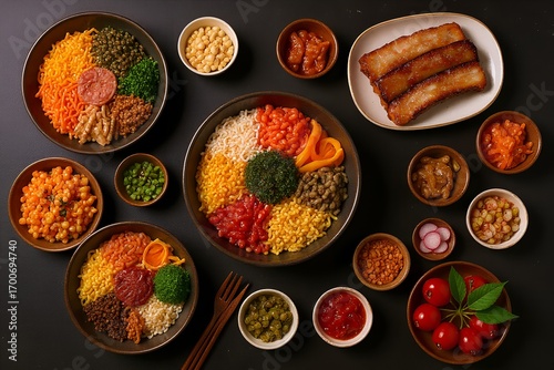 Overhead view of a vibrant and colorful spread of korean food dishes and side dishes arranged on a dark surface