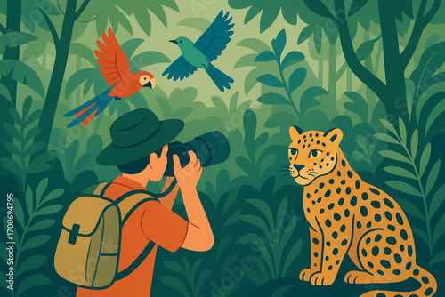 Tropical rainforest with person photographing jaguar and exotic flying birds