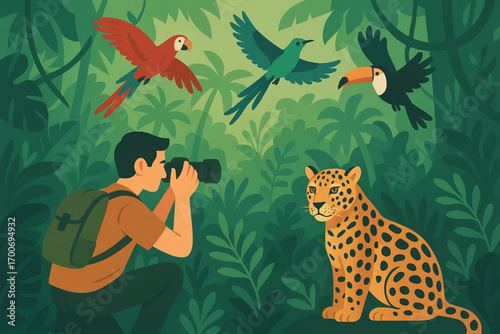 Tropical rainforest with person photographing jaguar and exotic flying birds