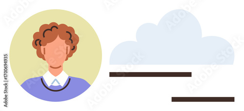 Curly-haired person avatar in circle next to a cloud and horizontal bars. Ideal for profiles, user interfaces, networking, cloud technology, social media, online identity, collaborative platforms