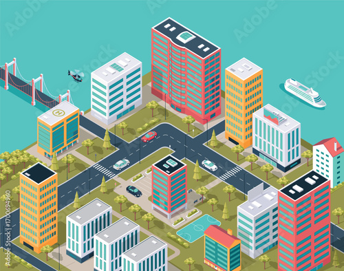 Colorful modern isometric city streets with transport and sea port vector ilustration