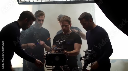 Film crew shooting scene; smoky studio; behind-the-scenes; video production
