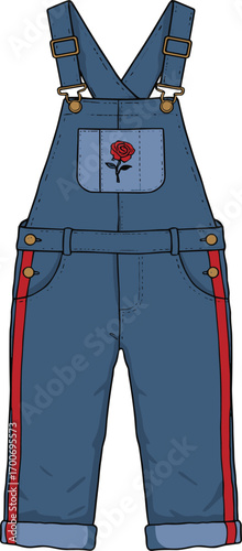 blue denim overalls with rose embroidery, kids fashion clothing, casual outfit, rolled cuffs, red stripe detail, stylish children wear