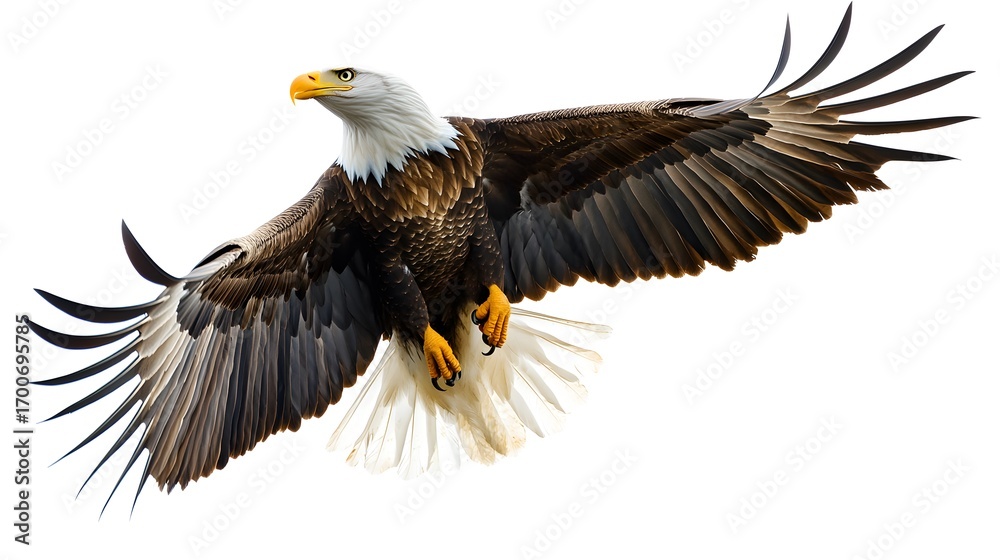 Fototapeta premium Bald Eagle Flying with Wings Spread Wide on photo White Background bird soaring