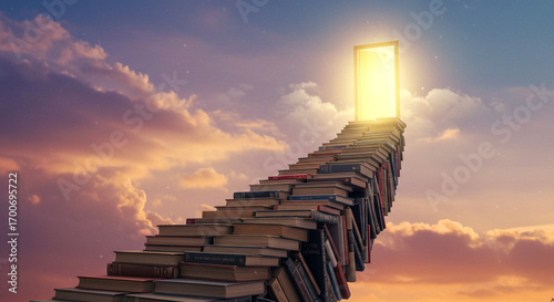 Staircase made of books leading to a glowing door in the sky concept