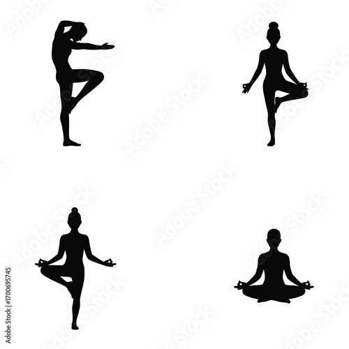 Four silhouettes of women performing yoga poses demonstrating balance flexibility and mindfulness on a white background