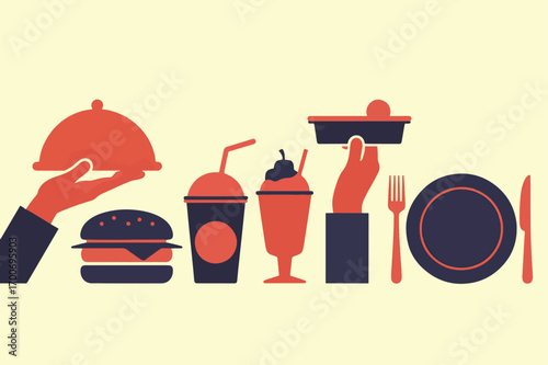 Fast Food Icons Arranged in a Row on a Cream Background