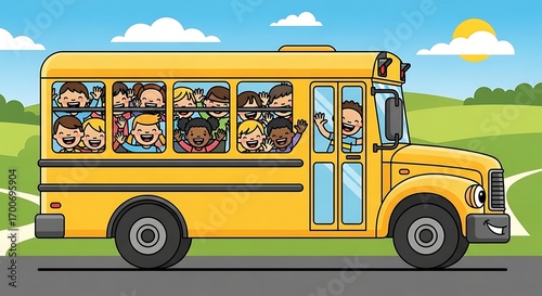 Cartoon yellow school bus filled with happy, diverse children waving, traveling on road