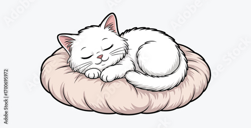 Cute white cartoon cat sleeping peacefully on a soft pink cushion