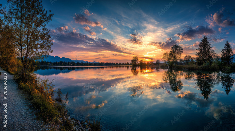 Obraz premium Panoramic view of vibrant sunset over calm lake with colorful sky and reflections