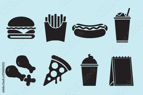 Black Silhouette Icons of Popular Fast Food Items hamburger