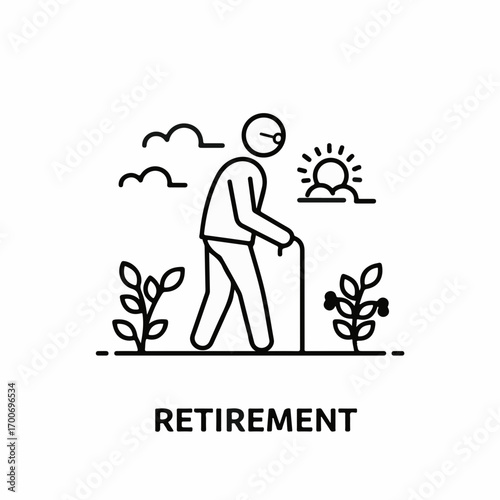Elderly person walking with a cane in a sunny outdoor setting, symbolizing retirement and a peaceful journey.