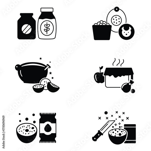 Collection of six simple black and white vector illustrations depicting various food preparation and preservation activities in a flat design style