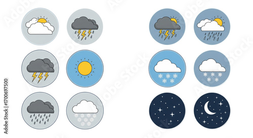Flat design weather forecast icons set. Sun, clouds, rain, snow, lightning, night, moon, stars vector collection.