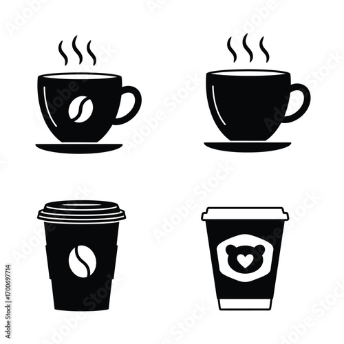 Four black silhouette icons representing hot coffee cups and takeaway coffee cups with steam and coffee bean graphics