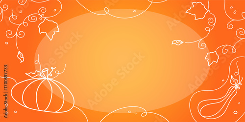Cute autumn banner in the orange background. Minimalist pattern with pumpkins, leaves. Design template for festival invitation, hello autumn, sale, thanksgiving. Horizontal vector illustration.