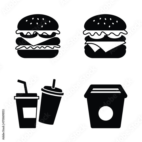 Collection of black silhouette icons representing fast food items including two classic hamburgers two disposable drink cups with straws and a takeout box