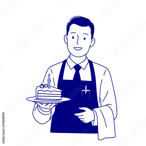 Man in apron holding birthday cake with candle and smiling  - vector of Cheerful waiter serving birthday dessert
