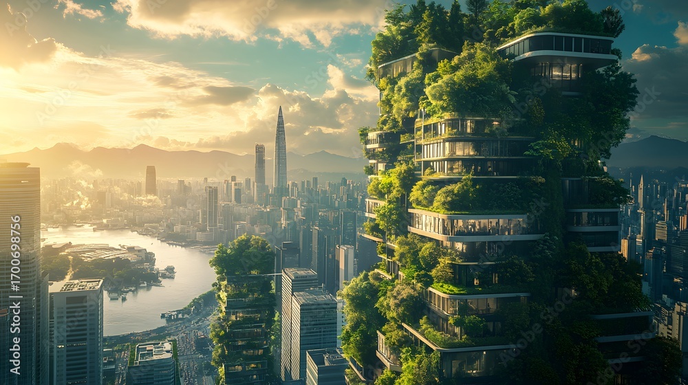 Obraz premium Vibrant Urban Oasis: Green Building in a Sustainable City