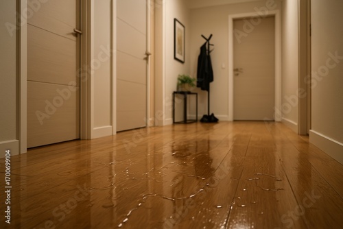 Flooded apartment with reflections on the wet floor.	
