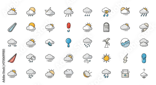 Diverse weather forecast icons set. Cartoon flat vector symbols for sun, clouds, rain, snow, and wind. Modern meteorology graphics.