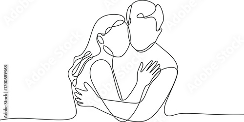 Romantic couple hugging line art drawing, minimal continuous sketch illustration of love, relationship intimacy, affection, togetherness, passion, emotional connection.