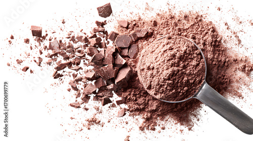 Scoop of chocolate protein powder with scattered pieces isolated on white background. 
