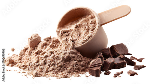 Scoop of chocolate protein powder with scattered pieces isolated on white background. 