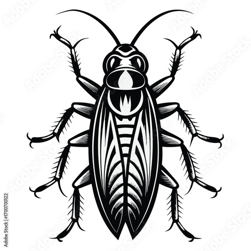 Monochrome Vector Illustration of a Detailed Cockroach with Prominent Legs and Antennae Showing Intricate Patterns on its Body
