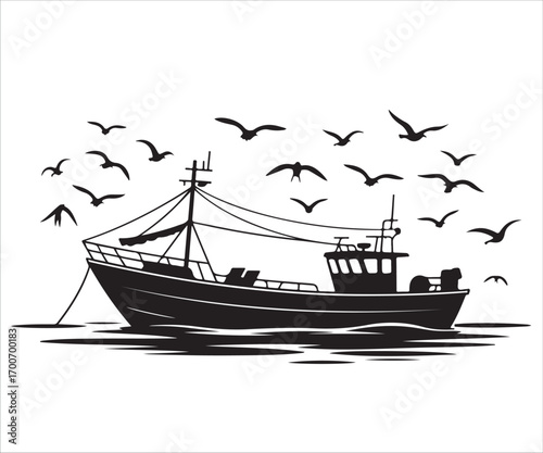 Vector silhouette of fishing trawler ship sailing on ocean waves illustration