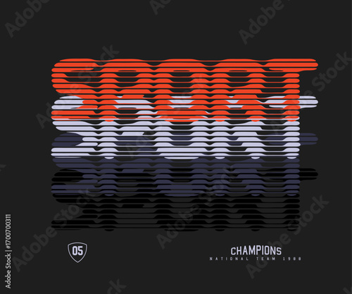 Modern abstract sports typography design with horizontal glitch lines and bold text effect. trendy retro-sporty look. Perfect for t-shirt graphics, sportswear branding, streetwear fashion, poster 