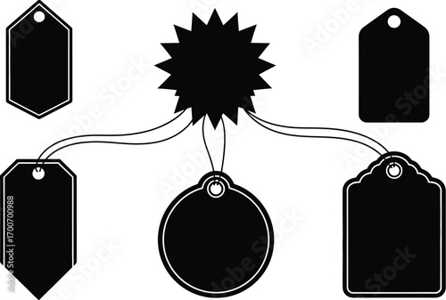 Collection of diverse black tags connected to a central starburst shape