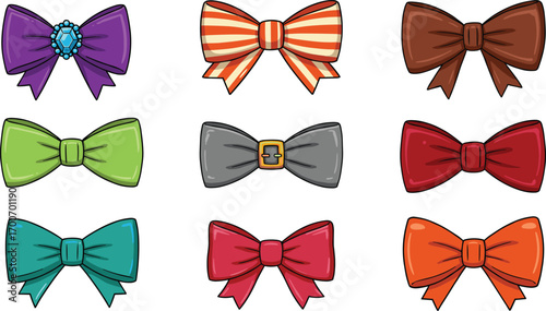 Colorful collection of decorative bow ties in various styles and patterns, fashion accessories, elegant design, festive look, vector illustration CAD drawing.