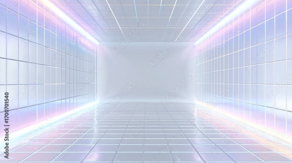 Obraz premium Minimalist NFT background, clean white gradient with subtle glowing neon grid lines, spacious central area for artwork or text, futuristic digital aesthetic, 16:9