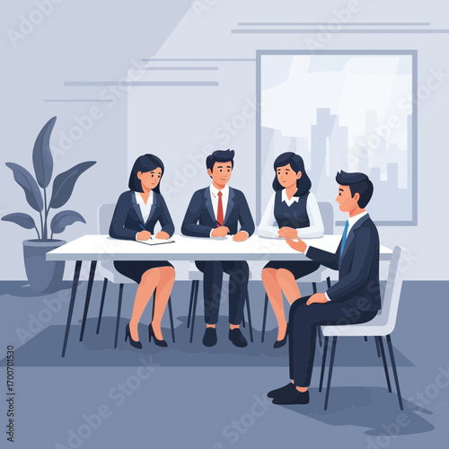 Business meeting with people sitting at a table in an office.