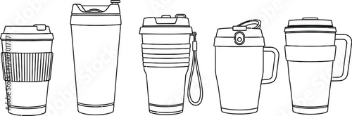Collection of various reusable travel mugs and cups with lids for beverages