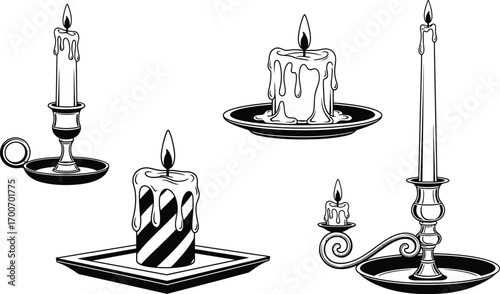 Set of vintage burning candles in ornate holders, creating a warm and nostalgic ambiance.