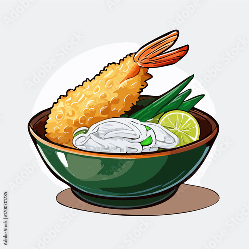 Anime Style Tempura Shrimp Bowl Vector Illustration with Rice and Noodles