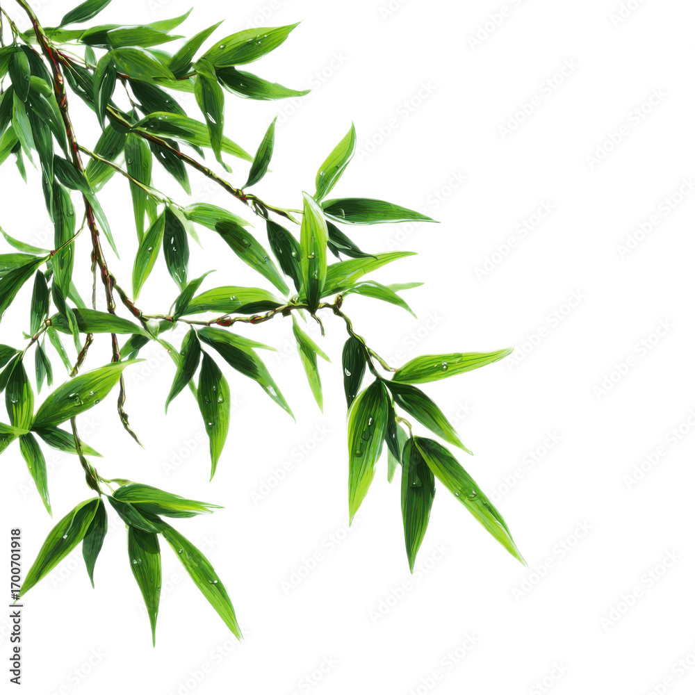 Fototapeta premium A green leafy branch with a few drops of water on it